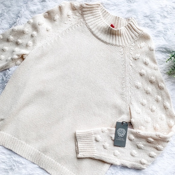 Vince Camuto | NWT Size Large Cream Sweater with Pom Pom Sleeves - Picture 1 of 15